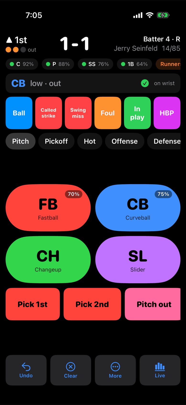 The coach's game screen: count 1 and 1, two outs, four pitch buttons, and a curveball call confirmed on the wrist