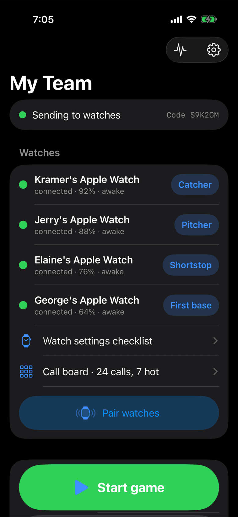Home screen listing four connected watches for catcher, pitcher, shortstop and first base, all green