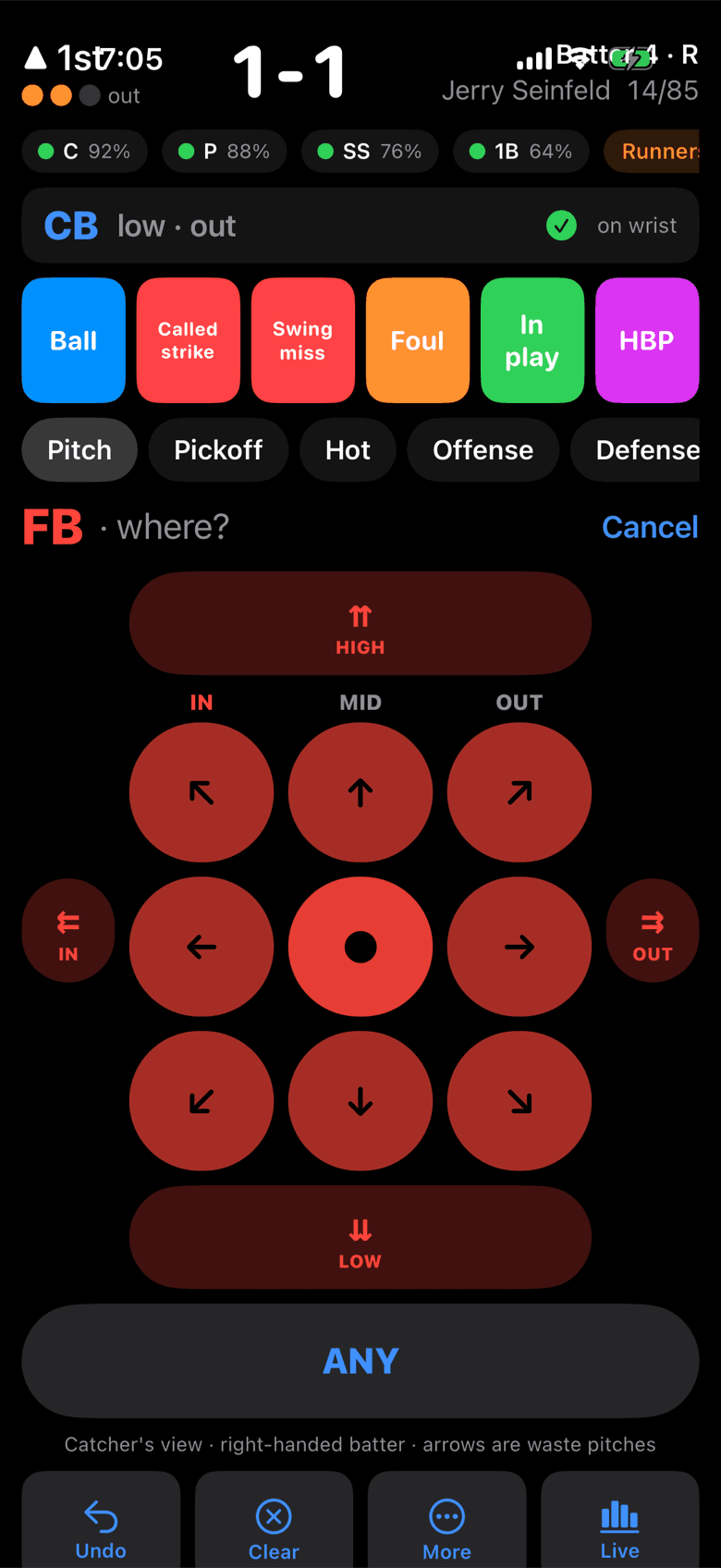 Location picker with In, Mid and Out columns and waste-pitch arrows on all four sides